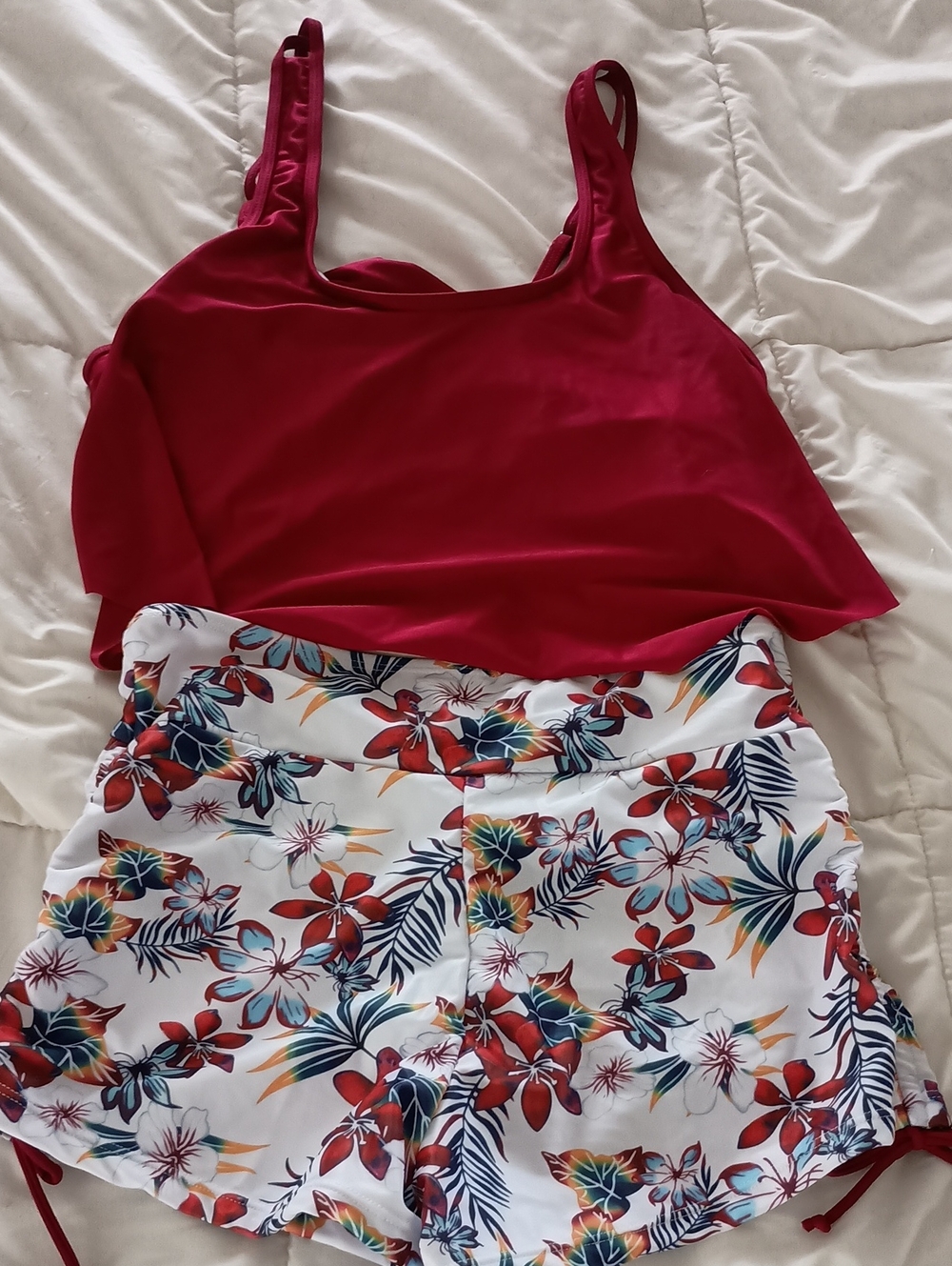 SHEIN Red Tankini Top with White Tropical Floral Swim Shorts